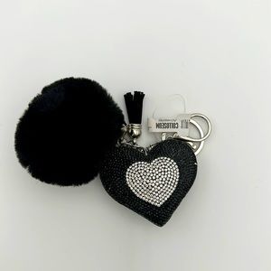 NWT Bejeweled Heart Keychain with Puffball Tassel Charm and Clip Clasp